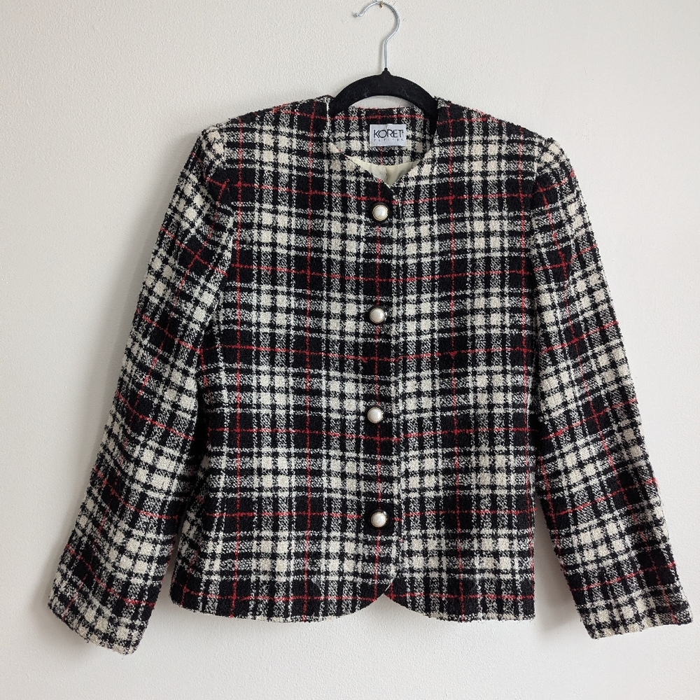 Vintage Koret Wool Blend Tweed Blazer Jacket With Pearl Buttons Red & Black 6P